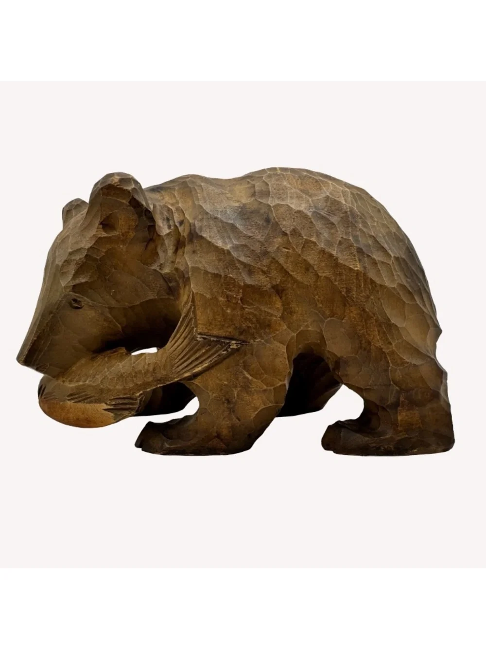 Vintage Japanese Ainu Bear Salmon Figure Hand Carved Wood Hokkaido Folk Art Kuma